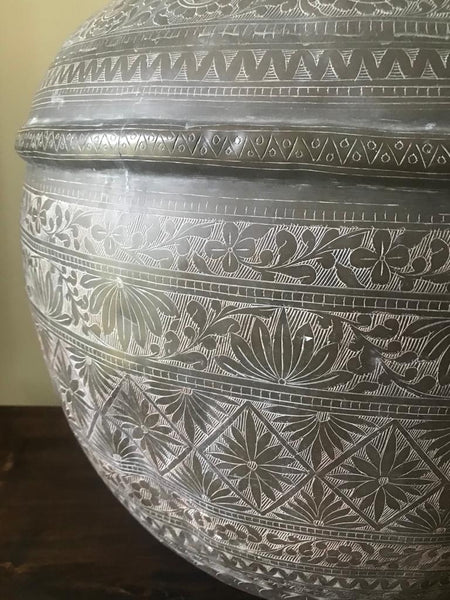 Late 19th Century Indian Metal Water Jug with Etched Foliage Décor