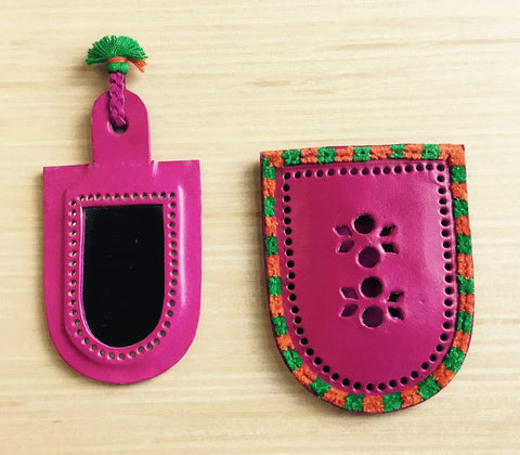 FUSCHIA LEATHER POCKET MIRROR POUCH WITH APPLE GREEN AND ORANGE THREADS AROUND