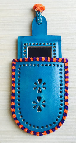 TURQUOISE LEATHER POCKET MIRROR POUCH WITH PURPLE AND ORANGE THREADS AROUND