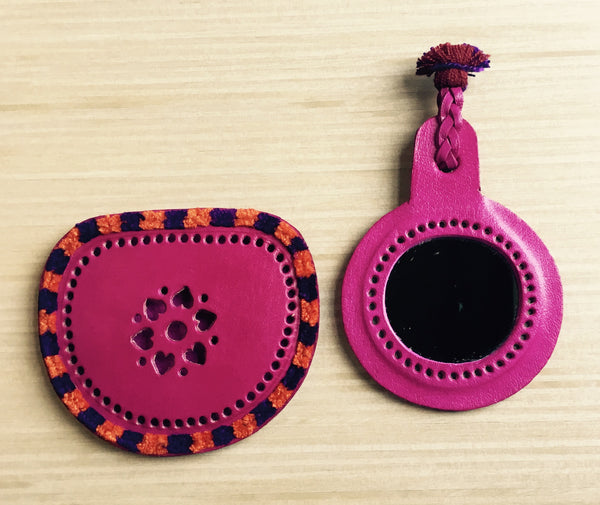 FUSCHIA LEATHER POCKET MIRROR POUCH WITH BLACK AND ORANGE THREADS AROUND