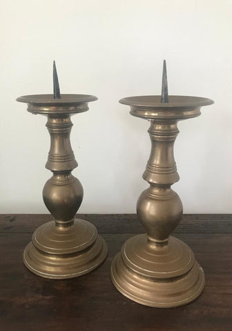 LATE 19TH CENTURY BRASS NEPALESE CANDLESTICKS-PAIR