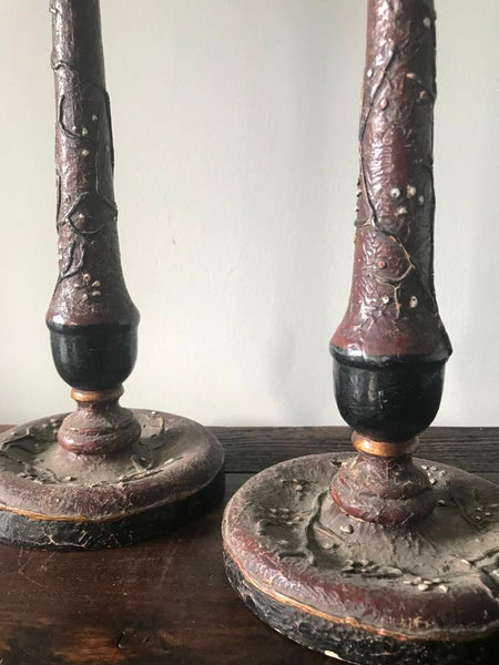 LATE 19TH CENTURY MEIJI JAPANESE PAIR LACQUER WITH FLOWERS WOOD CANDLESTICKS PAIR