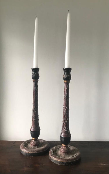 LATE 19TH CENTURY MEIJI JAPANESE PAIR LACQUER WITH FLOWERS WOOD CANDLESTICKS PAIR