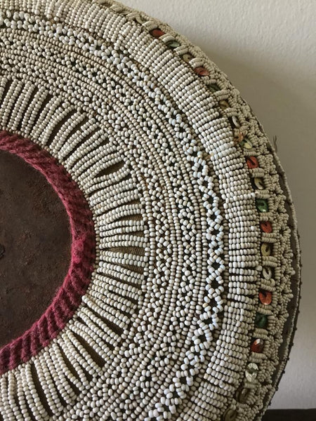 EARLY 2OTH CENTURY ETHIOPIAN BASKET WITH COWRIES SHELLS AND BEADS